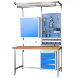 Montážní pracoviště hliníkové 4 zásuvky, osvětlení a skříňka Vykona MPA 8