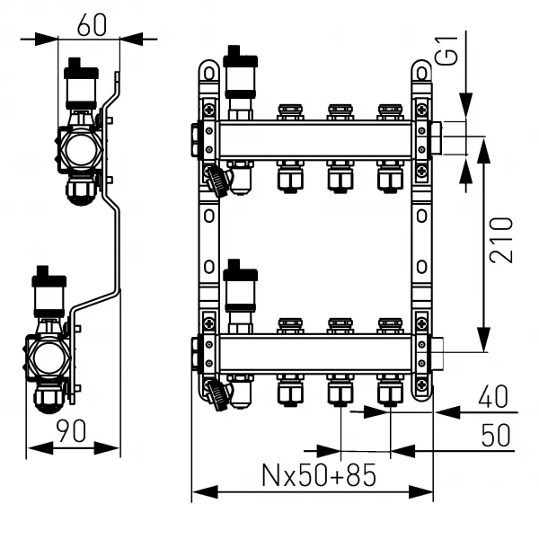 Rozdělovač nerez s regulačními mechanickými ventily 11 okruhů Novaservis SN-RO11S