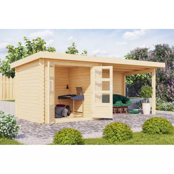 Dřevěný domek KARIBU BASTRUP 2 + přístavek 300 cm včetně zadní stěny (9301) natur LG2818