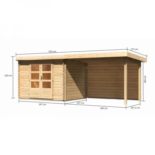 Dřevěný domek KARIBU BASTRUP 3 + přístavek 300 cm včetně zadní stěny (9303) natur LG3009
