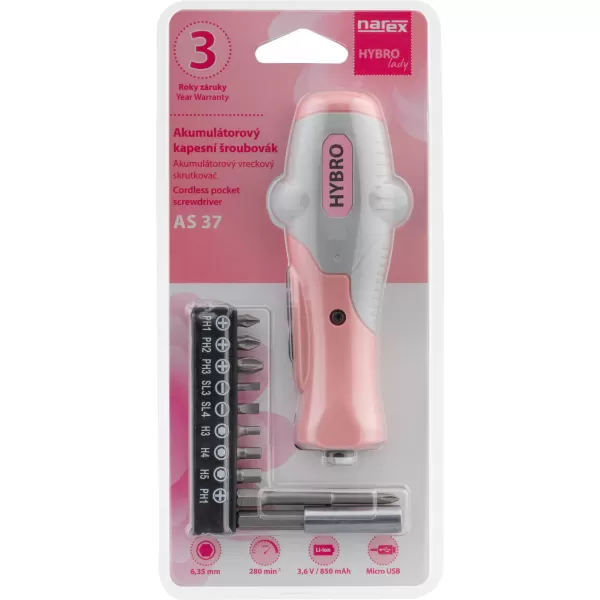 Aku hybridní šroubovák s magnetickým vřetenem Narex AS 37 HYBRO LADY 65406028