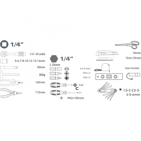 Sada nářadí 47ks, 1/4", CrV Extol Lady 6590