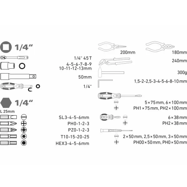 Sada nářadí 57ks 1/4" CrV EXTOL CRAFT 6599