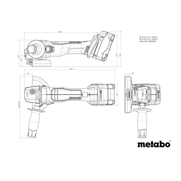 Aku úhlová bruska 18V bez aku W 18 L BL 9-125, mB Metabo 602374840