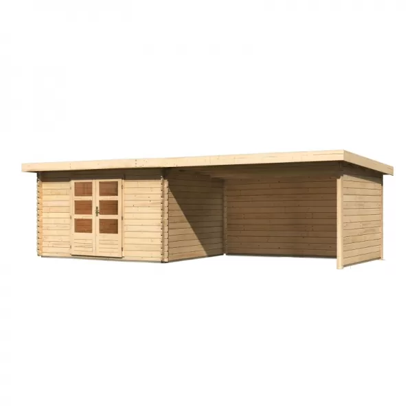 Dřevěný domek KARIBU BASTRUP 7 + přístavek 400 cm včetně zadní a boční stěny (9316) natur LG3029