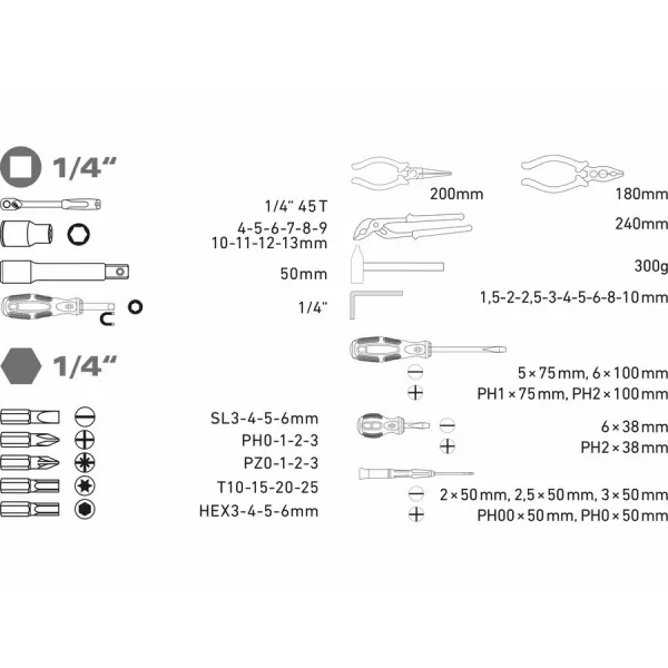 Sada nářadí 57ks 1/4" CrV EXTOL CRAFT 6599