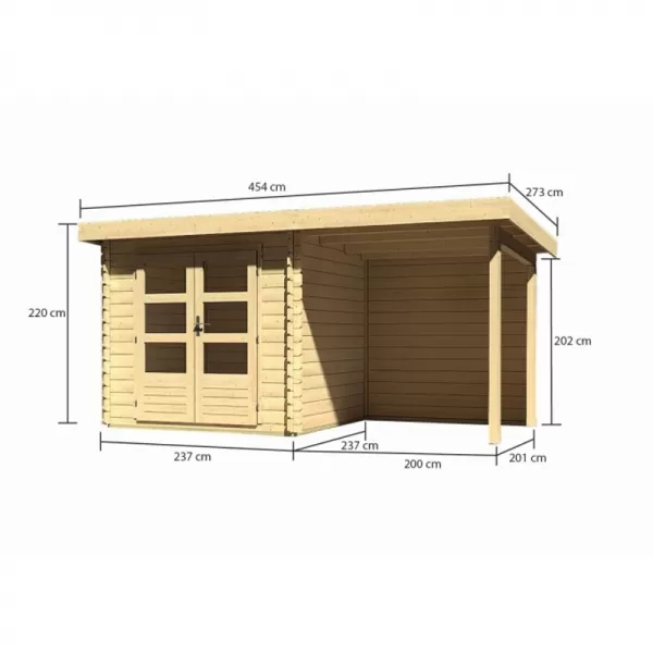 Dřevěný domek KARIBU BASTRUP 2 + přístavek 200 cm včetně zadní stěny (9300) natur LG2808