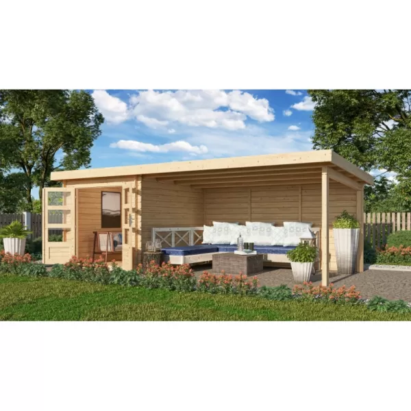 Dřevěný domek KARIBU BASTRUP 4 + přístavek 400 cm včetně zadní stěny (9306) natur LG2882