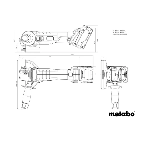 Aku úhlová bruska 18V bez aku W 18 7-125 Metabo 602371850