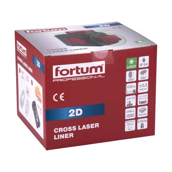 Laser zelený 2D liniový, křížový samonivelační FORTUM 4780214