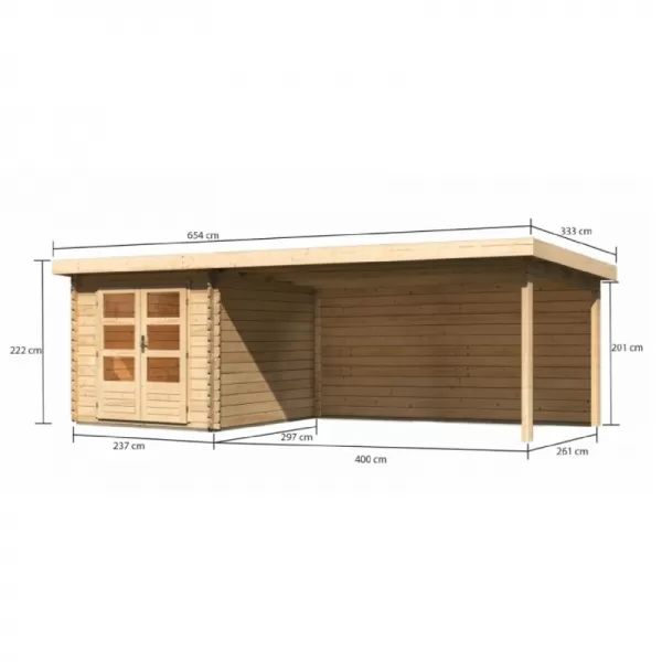 Dřevěný domek KARIBU BASTRUP 4 + přístavek 400 cm včetně zadní stěny (9306) natur LG2882