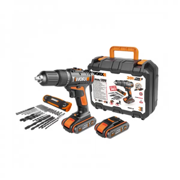 Aku vrtačka s příklepem 20V 2x2.0Ah + kufr Powershare Worx Orange WX371.10