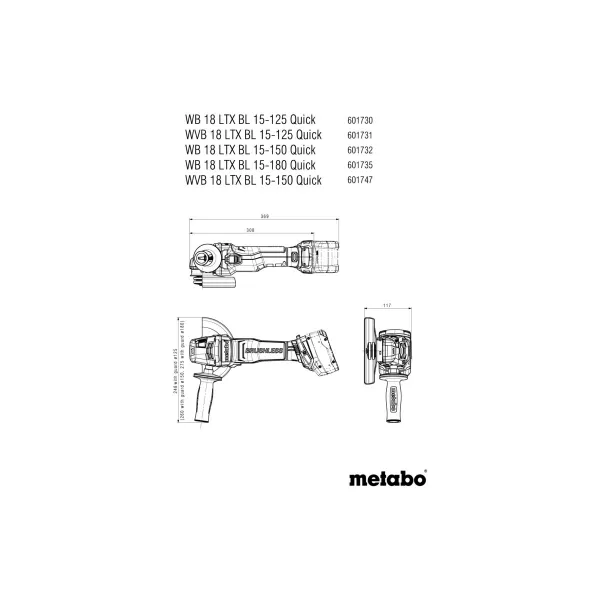 Aku úhlová bruska 18V bez aku WVB 18 LTX BL 15-125 Quick Metabo 601731840