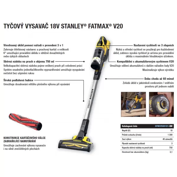 Aku vysavač V20 18V 1x2,0Ah Stanley FatMax SFMCVS001D1