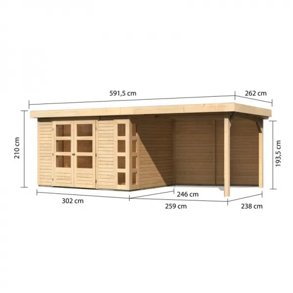 Dřevěný domek KARIBU KERKO 5 + přístavek 280 cm včetně zadní stěny (9206) natur LG2991