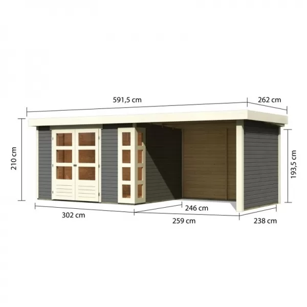Dřevěný domek KARIBU KERKO 5 + přístavek 280 cm včetně zadní a boční stěny (9209) šedý LG2994