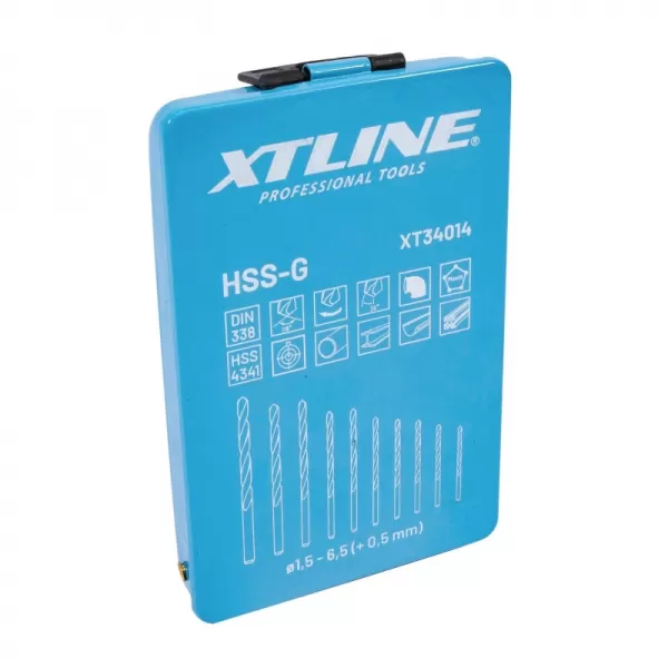 Sada vybrušovaných vrtáků do kovu HSS-G, 11 dílů 1.5-6.5 mm, kovový box Xtline XT34014