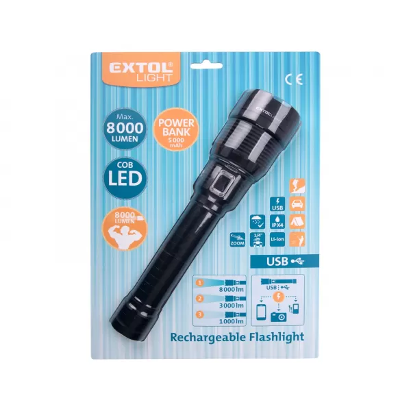 Svietidlo 8000lm, zoom, USB nabíjanie s powerbankou, 60W COB LED Extol Light 43142