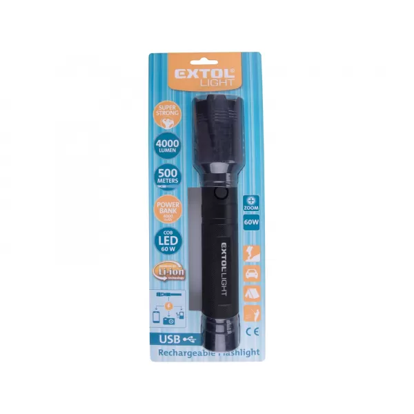 Svítilna 4000lm COB, zoom, USB nabíjení s powerbankou, 60W COB LED EXTOL LIGHT 43136