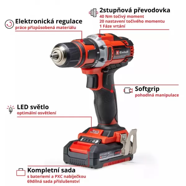 Aku vrtací šroubovák - sada 18V/2x2,0Ah TE-CD 18/40 Li +69 Einhell 4513934