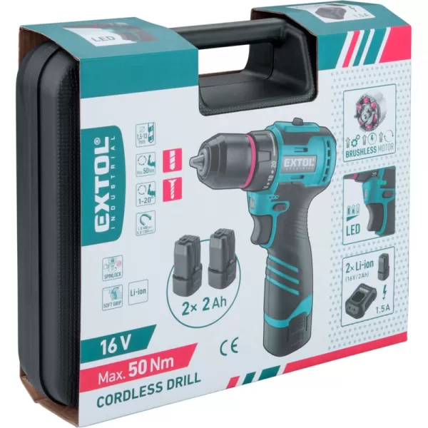 Aku vrtací šroubovák BRUSHLESS 16V/2x2,0 Ah Extol Industrial 8791152