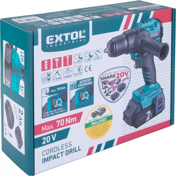 Aku vrtací šroubovák s příklepem SHARE20V, 70Nm, BRUSHLESS, 2Ah Extol industrial 8791806