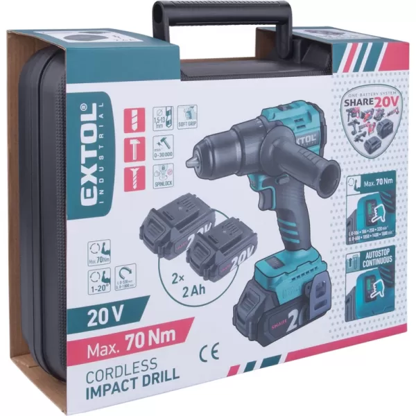 Aku vŕtací skrutkovač s príklepom 20V/2x2,0 Ah SHARE20V Extol Industrial 8791804