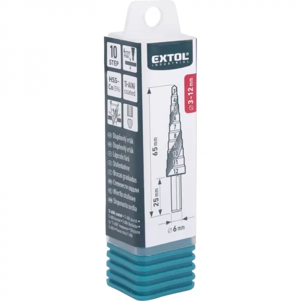 Vrták stupňovitý s lamačem třísek, O 3-12mm/po 1mm, HSS-Co Extol industrial 8701190